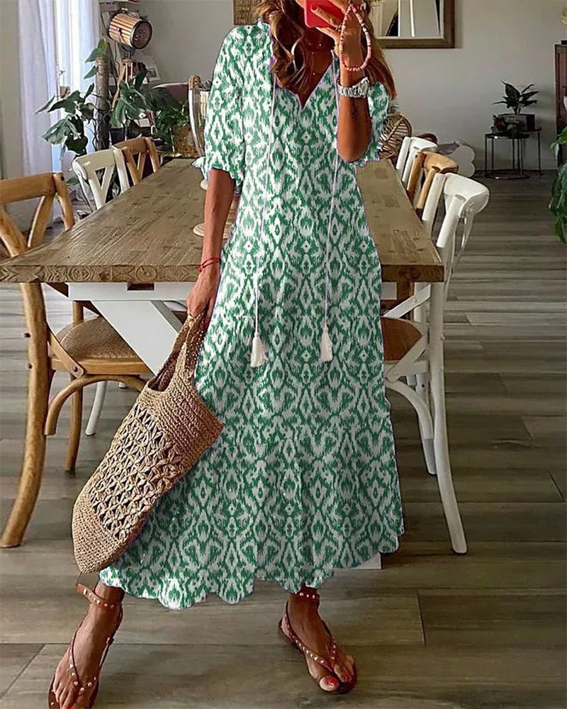 BARILA - Vestido Maxi de Impresión Geométrica con Escote en V