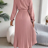 Vestido Midi Plisado de Manga Larga para Mujeres con Cintura con Cinturón