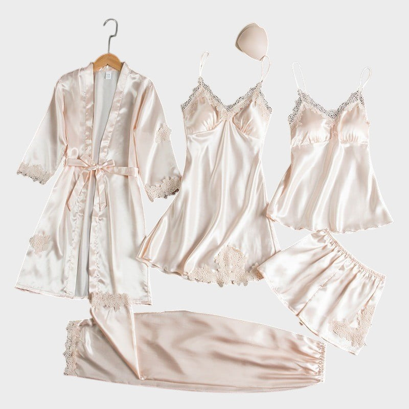 Rebecca Conjunto de Pijama de 5 Piezas de Encaje Satinado