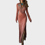 Soli - Vestido Largo de Ante con Bordado de Flecos