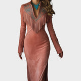 Soli - Vestido Largo de Ante con Bordado de Flecos