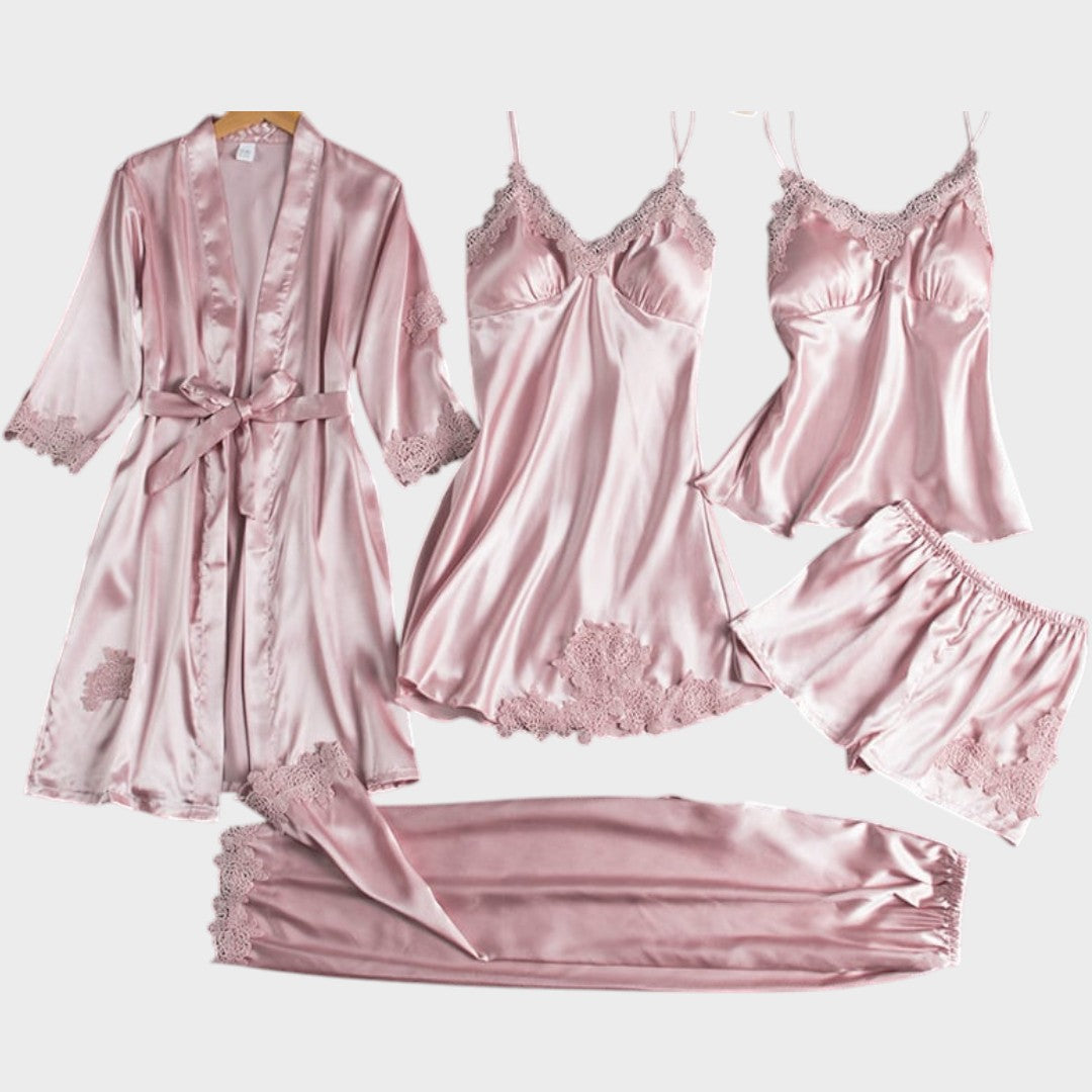 Rebecca Conjunto de Pijama de 5 Piezas de Encaje Satinado