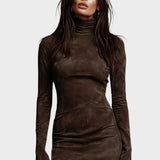Aurea - Vestido Corto de Ante con Cuello Alto