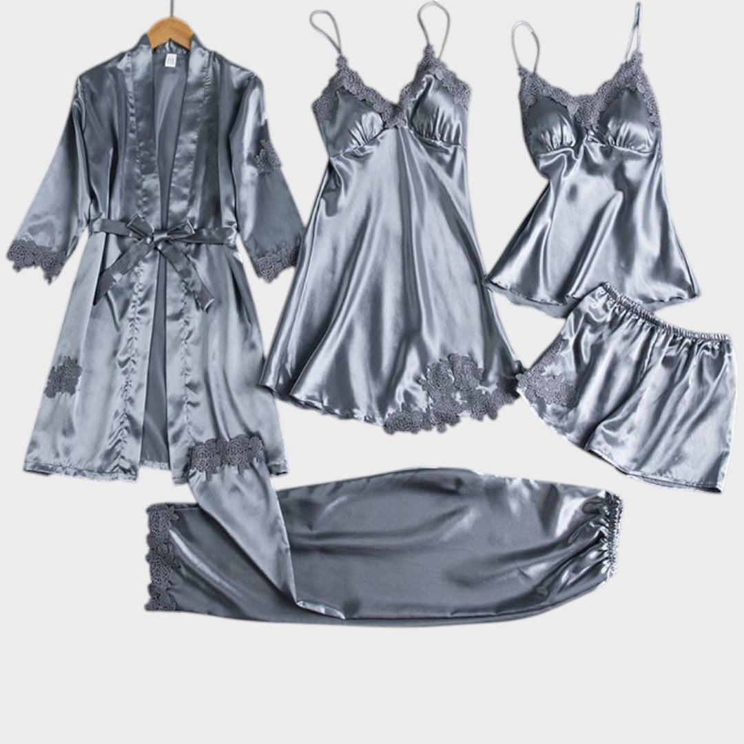 Rebecca Conjunto de Pijama de 5 Piezas de Encaje Satinado