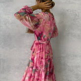 Ámbar - Vestido Maxi Envolvente con Estampado Floral y Mangas Largas