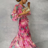 Ámbar - Vestido Maxi Envolvente con Estampado Floral y Mangas Largas
