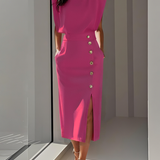 Malene™ | Vestido Midi Sólido con Abertura de Botones y Escote Redondo