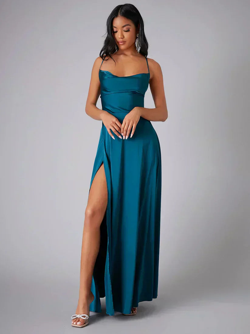 Vestido Maxi de Noche con Tirantes de Espagueti para Mujeres con Alta Rendija