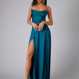 Vestido Maxi de Noche con Tirantes de Espagueti para Mujeres con Alta Rendija