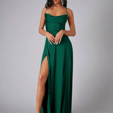 Vestido Maxi de Noche con Tirantes de Espagueti para Mujeres con Alta Rendija