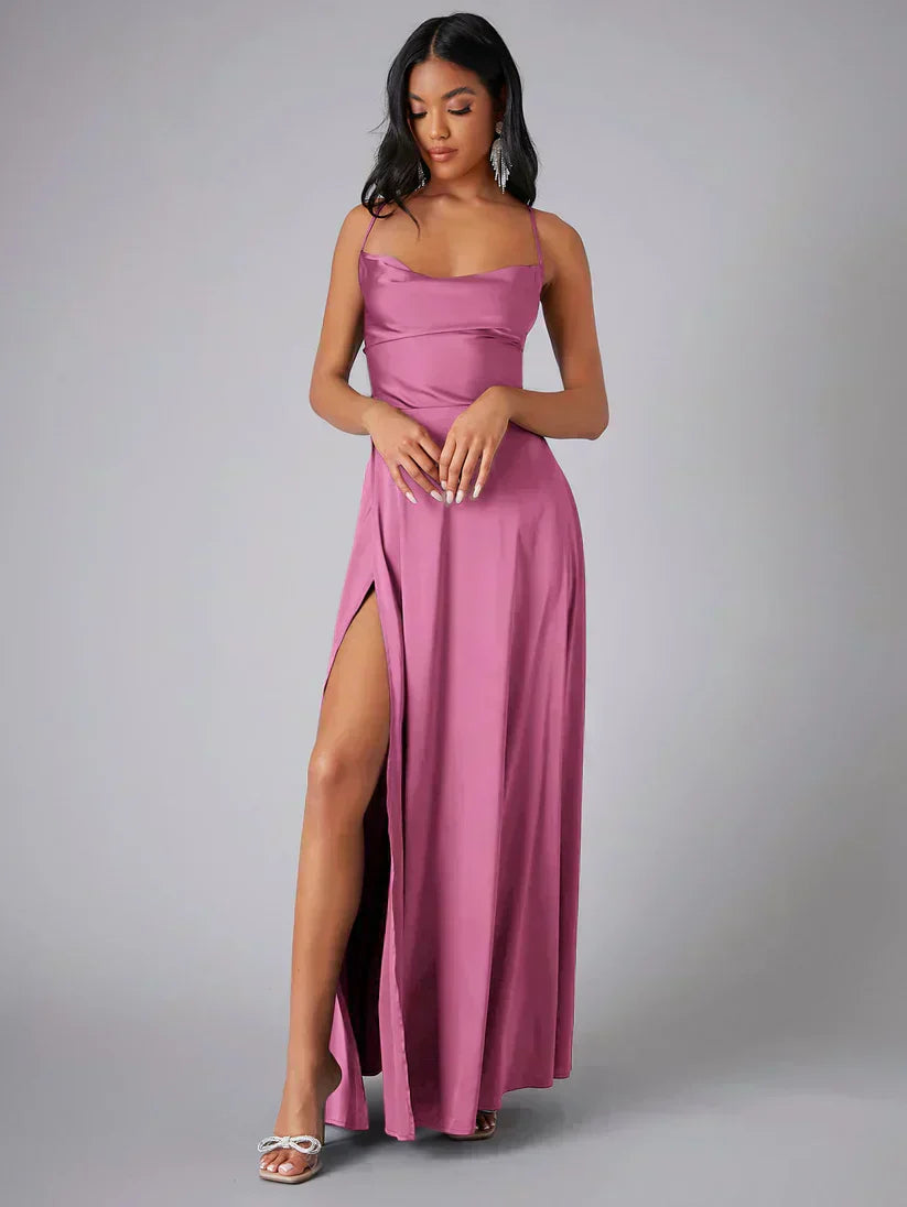 Vestido Maxi de Noche con Tirantes de Espagueti para Mujeres con Alta Rendija