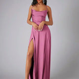 Vestido Maxi de Noche con Tirantes de Espagueti para Mujeres con Alta Rendija
