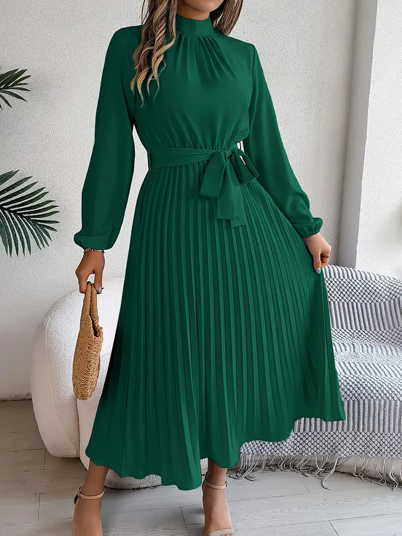 Vestido Midi Plisado de Manga Larga para Mujeres con Cintura con Cinturón