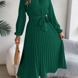 Vestido Midi Plisado de Manga Larga para Mujeres con Cintura con Cinturón