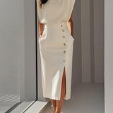 Malene™ | Vestido Midi Sólido con Abertura de Botones y Escote Redondo