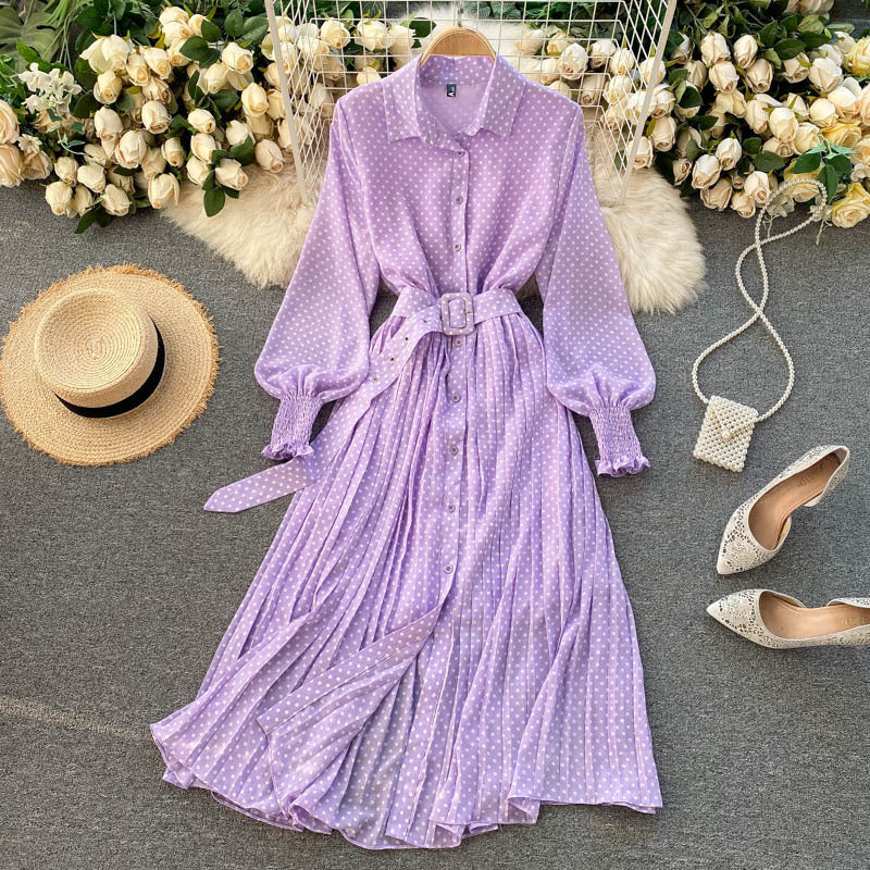 Vestido Plisado de Chifón con Lunares
