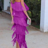 Vestido de flecos elegante Maya con hombros al aire