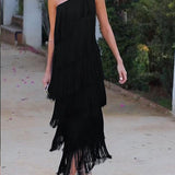 Vestido de flecos elegante Maya con hombros al aire