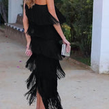 Vestido de flecos elegante Maya con hombros al aire