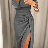 Vestido Midi Off-Shoulder para Mujeres con Detalle Fruncido en el Lado y Abertura Frontal