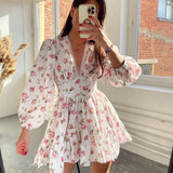 Vestido Mini Floral para Mujeres con Mangas Largas Abullonadas y Escote en V