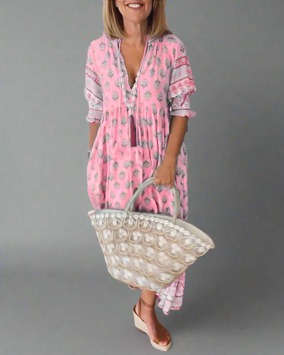 Friederike | Vestido Midi con Escote en V y Elegantes Mangas Abullonadas