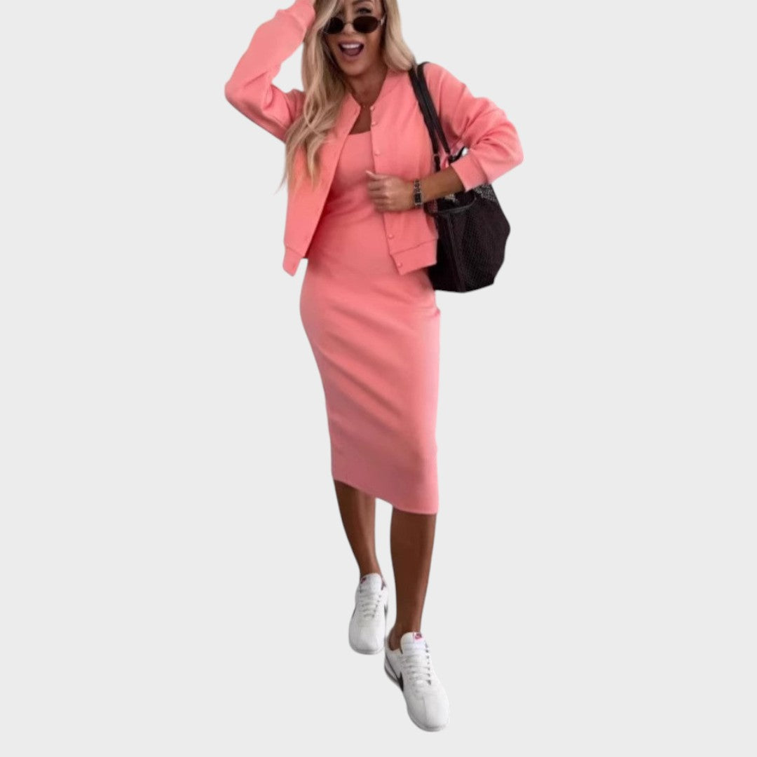 Karin Conjunto de Vestido Midi Y Chaqueta Bomber De Canalé