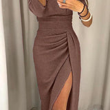 Vestido Midi Off-Shoulder para Mujeres con Detalle Fruncido en el Lado y Abertura Frontal