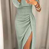 Vestido Midi Off-Shoulder para Mujeres con Detalle Fruncido en el Lado y Abertura Frontal