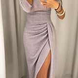 Vestido Midi Off-Shoulder para Mujeres con Detalle Fruncido en el Lado y Abertura Frontal