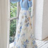 Vestido Maxi de Manga Larga para Mujeres con Escote en V Profundo y Falda Impresa