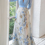 Vestido Maxi de Manga Larga para Mujeres con Escote en V Profundo y Falda Impresa
