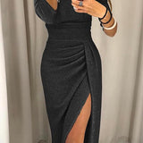 Vestido Midi Off-Shoulder para Mujeres con Detalle Fruncido en el Lado y Abertura Frontal