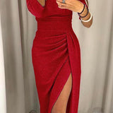Vestido Midi Off-Shoulder para Mujeres con Detalle Fruncido en el Lado y Abertura Frontal