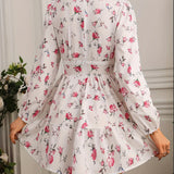 Vestido Mini Floral para Mujeres con Mangas Largas Abullonadas y Escote en V
