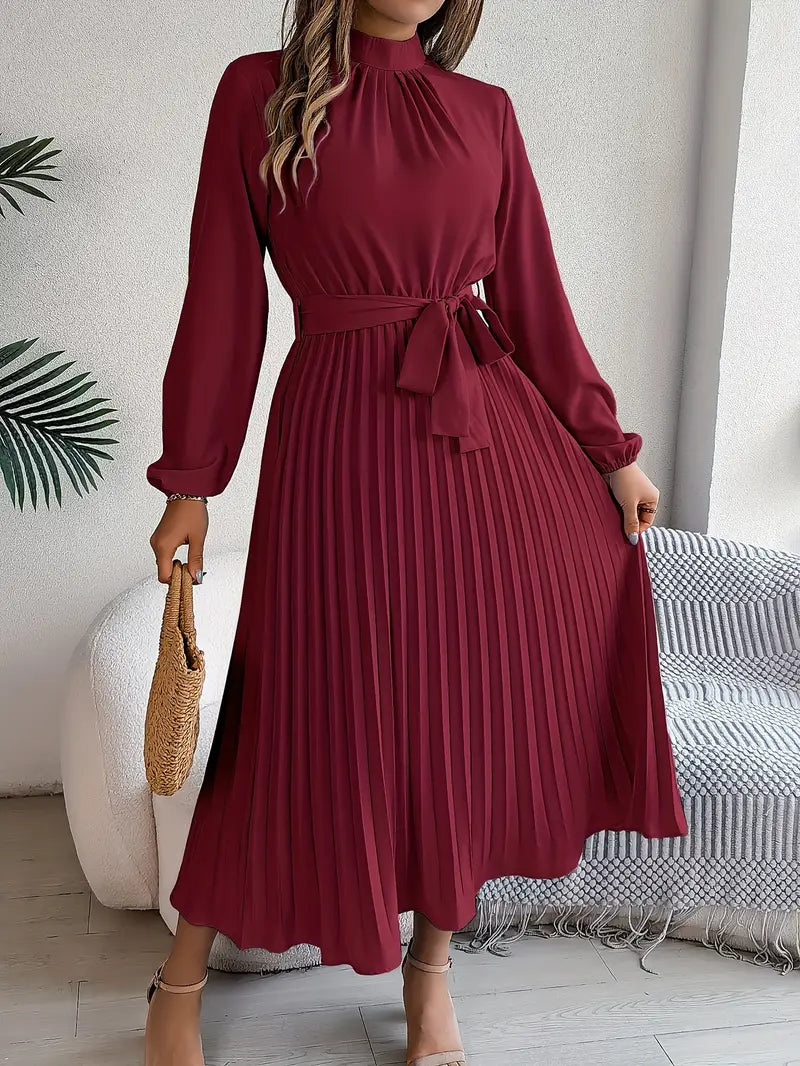 Vestido Midi Plisado de Manga Larga para Mujeres con Cintura con Cinturón