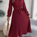 Vestido Midi Plisado de Manga Larga para Mujeres con Cintura con Cinturón