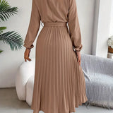 Vestido Midi Plisado de Manga Larga para Mujeres con Cintura con Cinturón