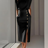 Malene™ | Vestido Midi Sólido con Abertura de Botones y Escote Redondo