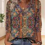 Blusa Retro Estampada V-Cuello