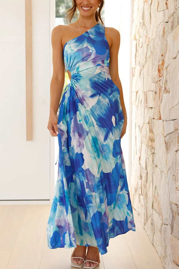 Deja - Vestido Maxi Plisado de Un Hombro con Estampado Floral