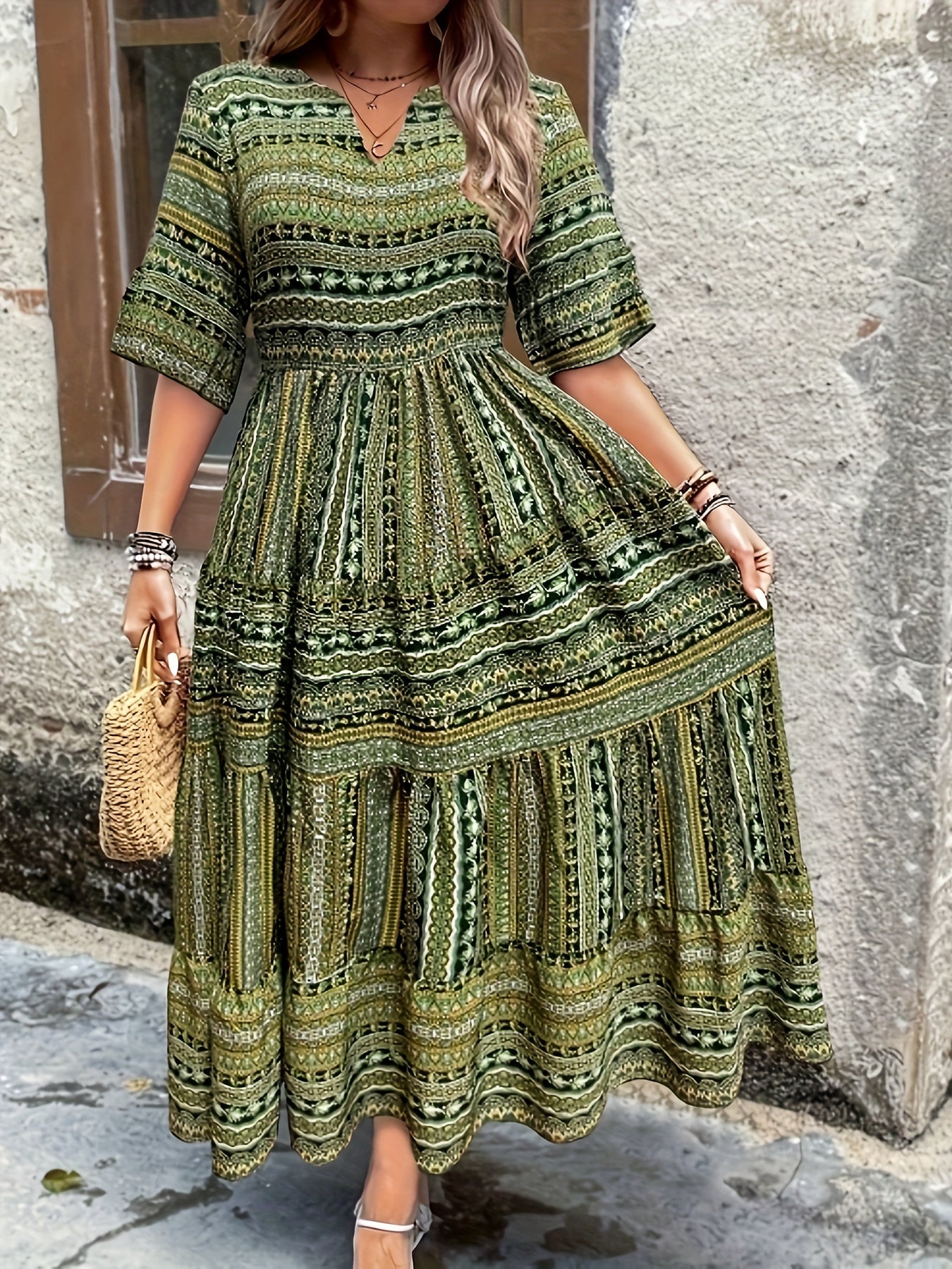 Sylpha - Vestido Bohemio de Estampado Étnico Elegante
