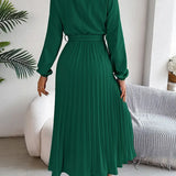 Vestido Midi Plisado de Manga Larga para Mujeres con Cintura con Cinturón