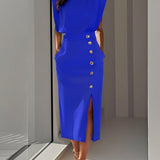 Malene™ | Vestido Midi Sólido con Abertura de Botones y Escote Redondo