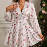 Vestido Mini Floral para Mujeres con Mangas Largas Abullonadas y Escote en V