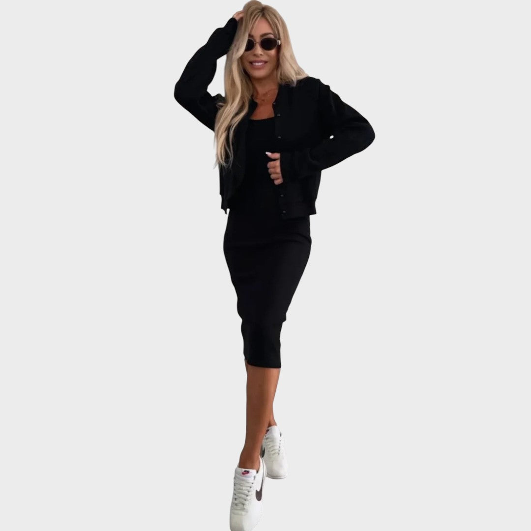 Karin Conjunto de Vestido Midi Y Chaqueta Bomber De Canalé
