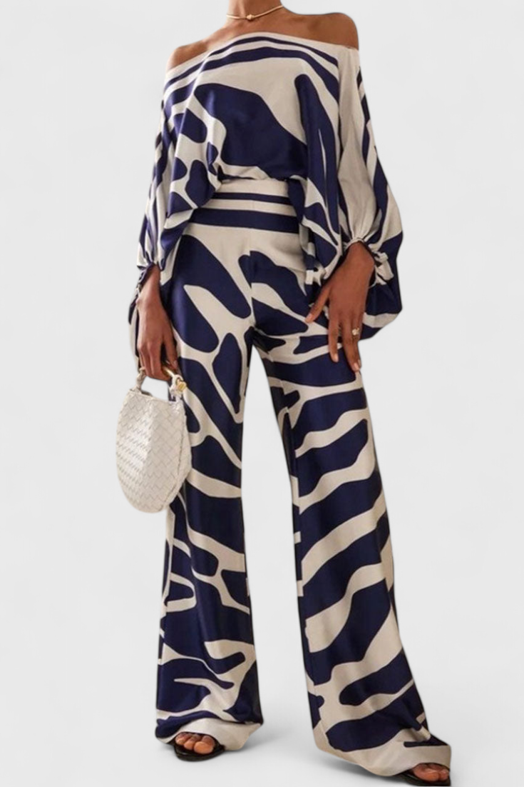 Sybella Conjunto Estampado de Dos Piezas con Pantalones de Pierna Ancha