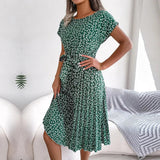 Vestido Midi Plisado de Manga Corta para Mujer con Cinturón en la Cintura