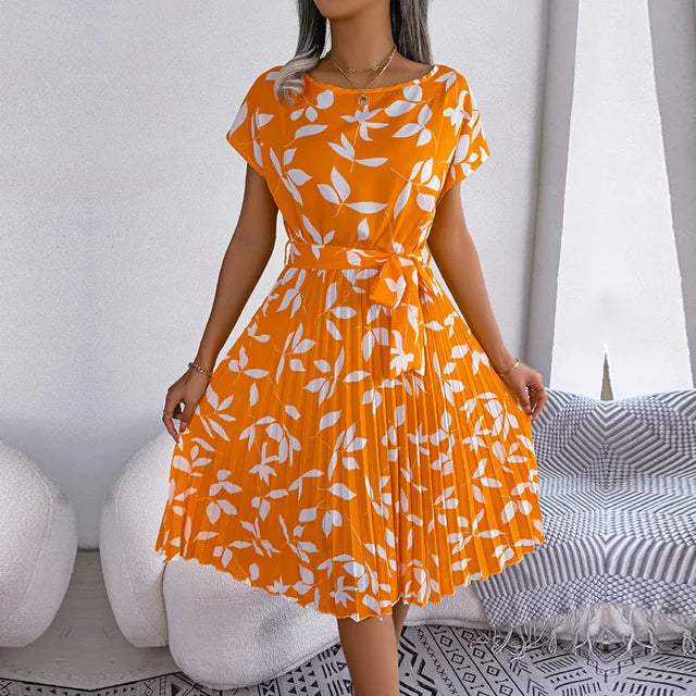Vestido Midi Plisado de Manga Corta para Mujer con Cinturón en la Cintura