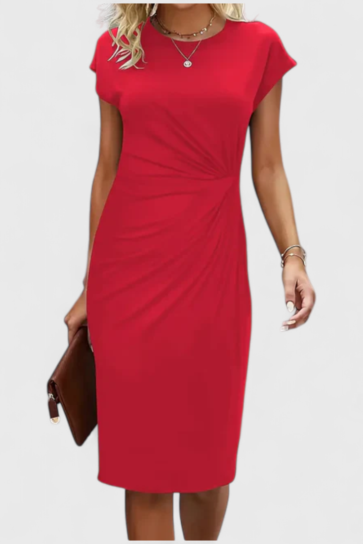 Katrina Vestido Midi Atemporal con Cuello Redondo y Detalle Drapeado